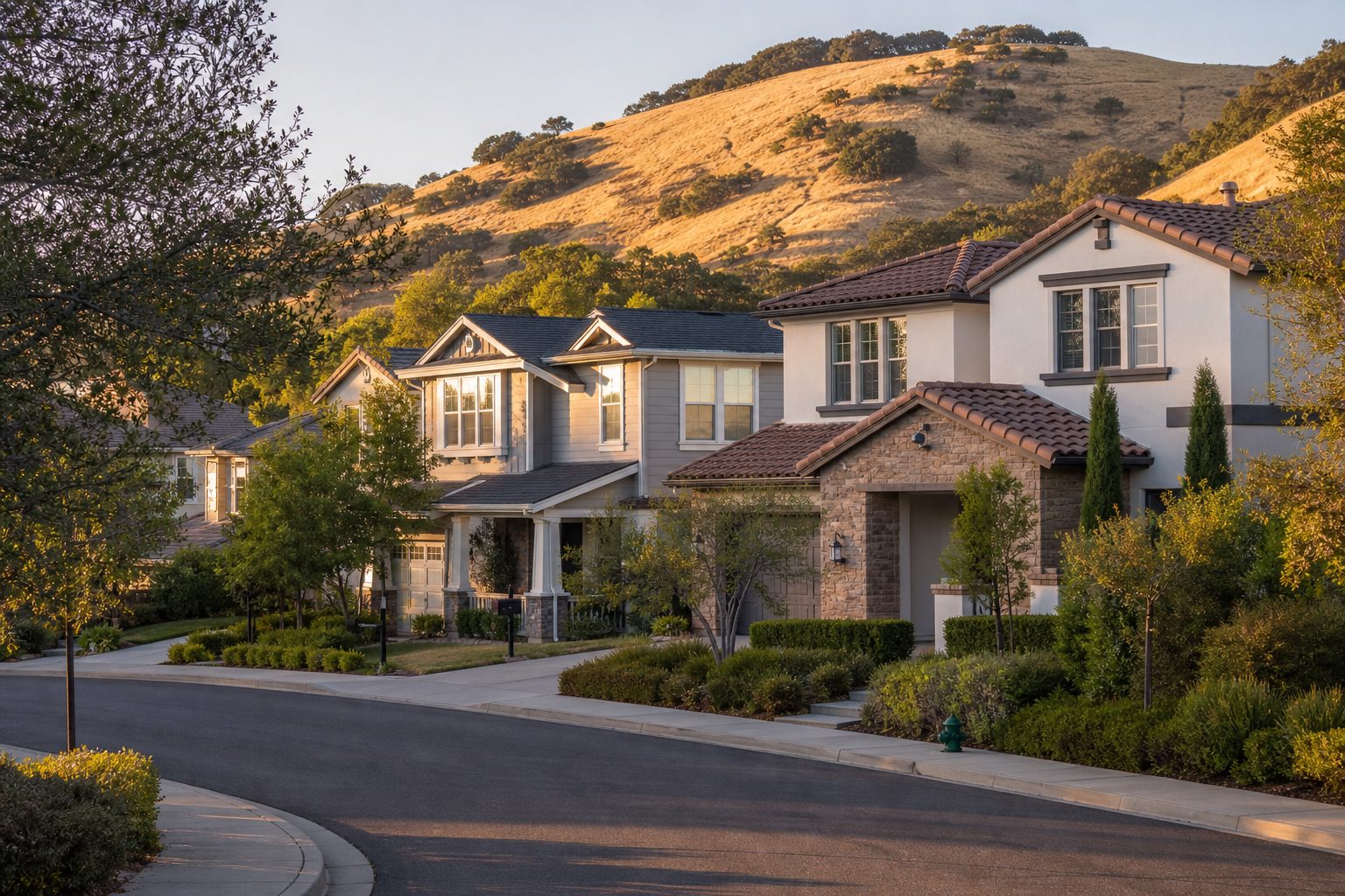 Danville California street of larger two-story homes with rolling hills behind