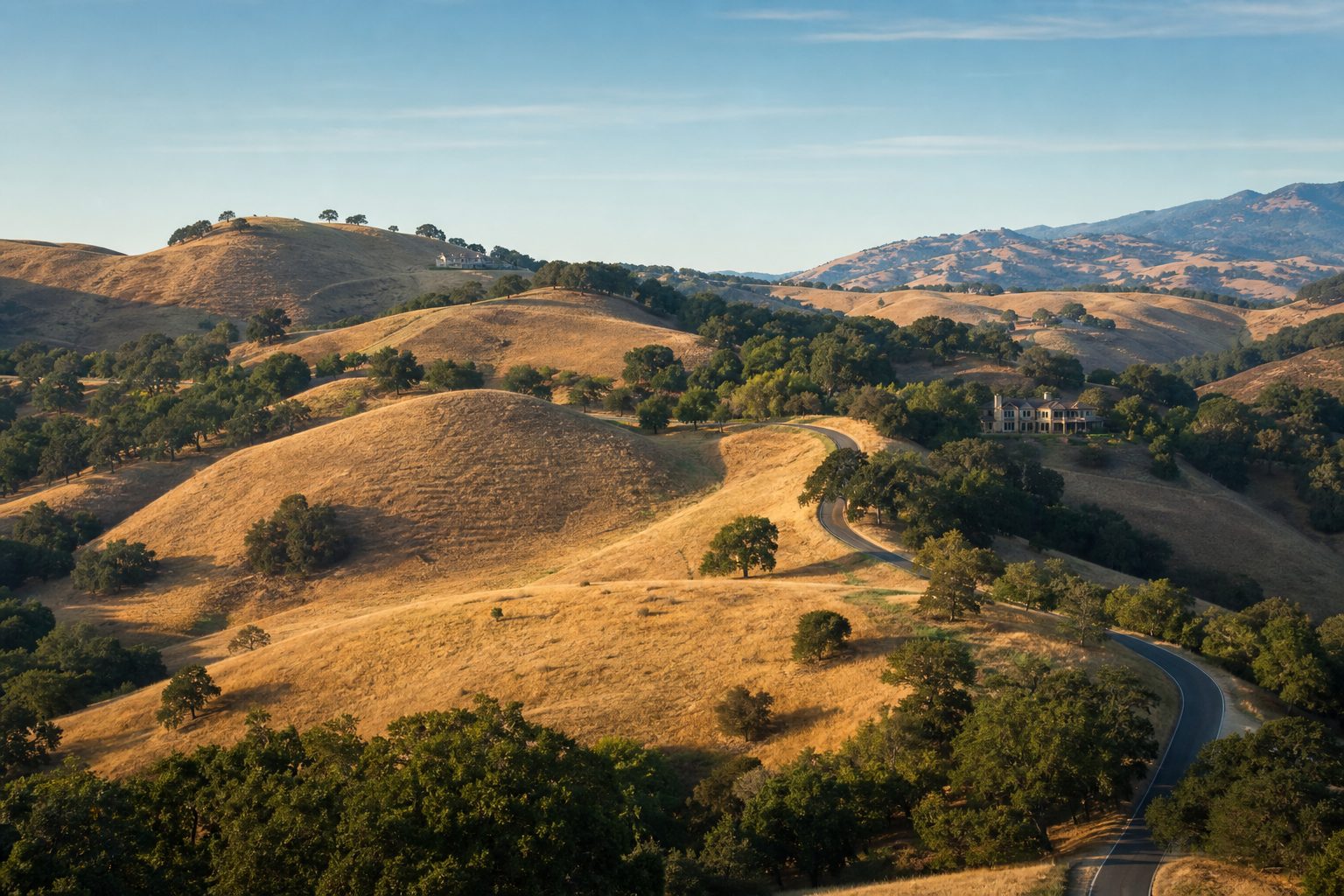 Rolling golden Contra Costa County hills with oaks and hillside homes