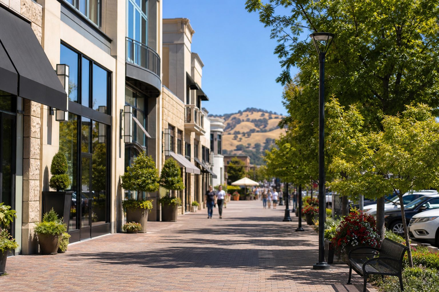 Downtown Walnut Creek shopping street with trees and low-rise storefronts
